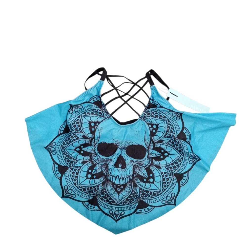 Dressfo Women's Bikini Top XL Blue Skull Mandala Criss Cross Adjustable Strap